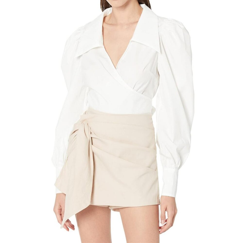 NWT en saison Minnelli wrap v-neck puff long sleeve blouse top, White, M